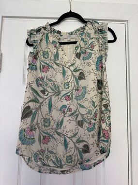 LOFT Cream Floral Ruffle-Shoulder Shell with Teal and Pink Accents